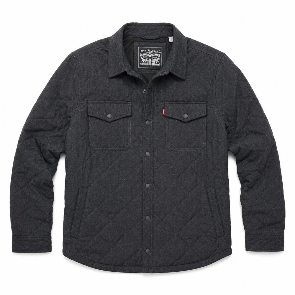 Levi's Quilted Shirt Jacket Gray Snap & Zip Front Shacket‎ Large Fall Casual